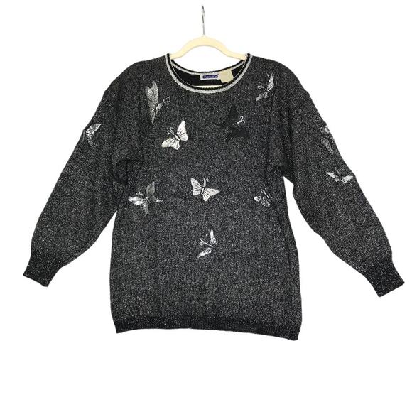 MARIEA KIM VTG Patchwork Sweater Women L Black/Silver Butterfly Retro 90's Y2K - Picture 1 of 10